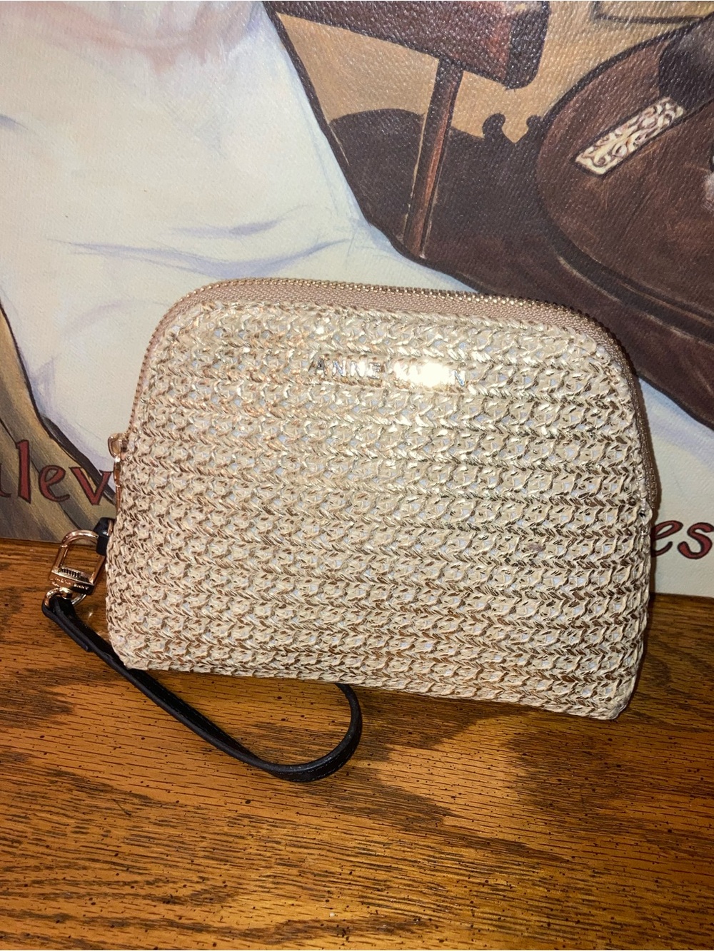 Anne Klein Beige Woven Wristlet Clutch with Black Strap